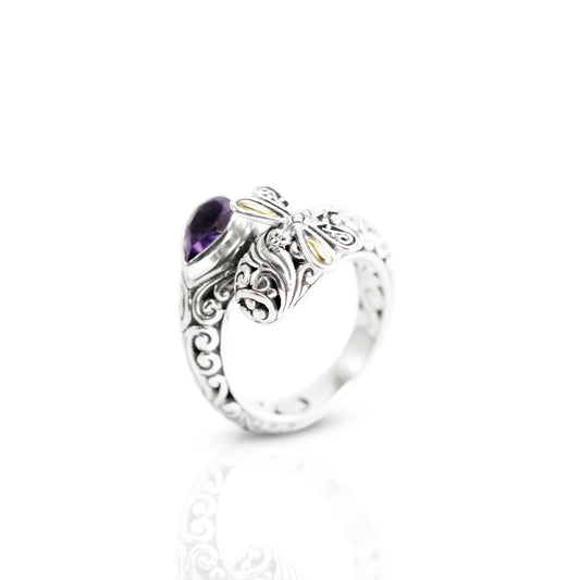 bypass ring 925 sterling silver decorated with dragonfly and genuine amethyst, filigree ring,