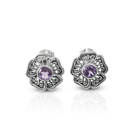 flower earrings studs 925 sterling silver with genuine round 6 mm Amethyst decorated with  filigree ornament