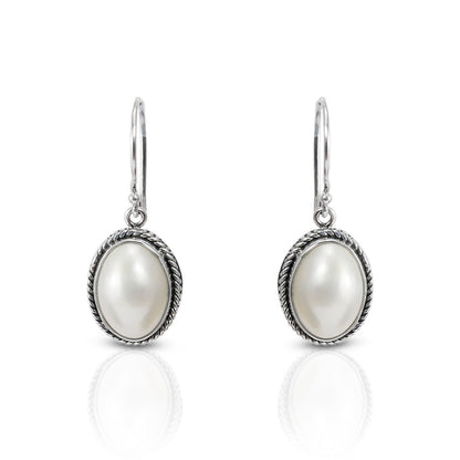 oval  mabe pearl earrings 925 sterling silver decorated with woven chain edge