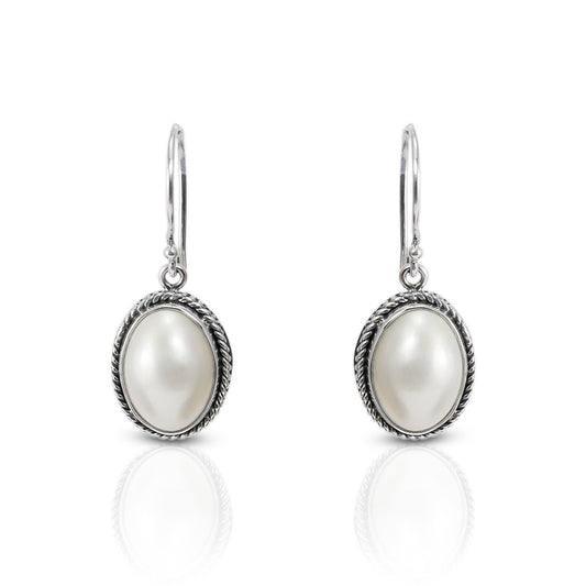 oval  mabe pearl earrings 925 sterling silver decorated with woven chain edge