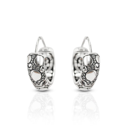 Earrings Hoop 925 sterling silver decorated with rock ornament art and push back closure for women