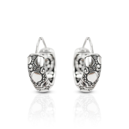 Earrings Hoop 925 sterling silver decorated with rock ornament art and push back closure for women
