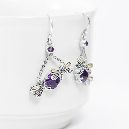 dragonfly earrings 925 sterling silver with 18K gold, genuine amethyst