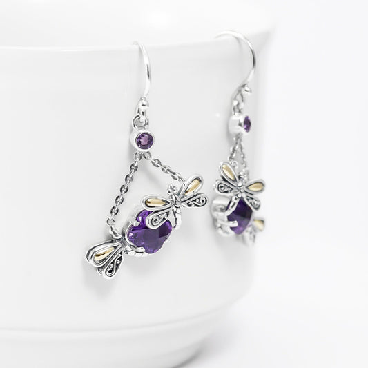 dragonfly earrings 925 sterling silver with 18K gold, genuine amethyst
