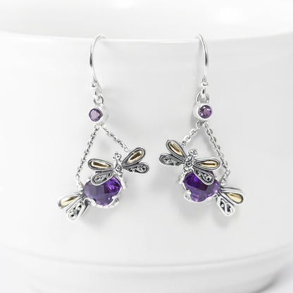dragonfly earrings 925 sterling silver with 18K gold, genuine amethyst