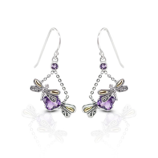 dragonfly earrings 925 sterling silver with 18K gold, genuine amethyst