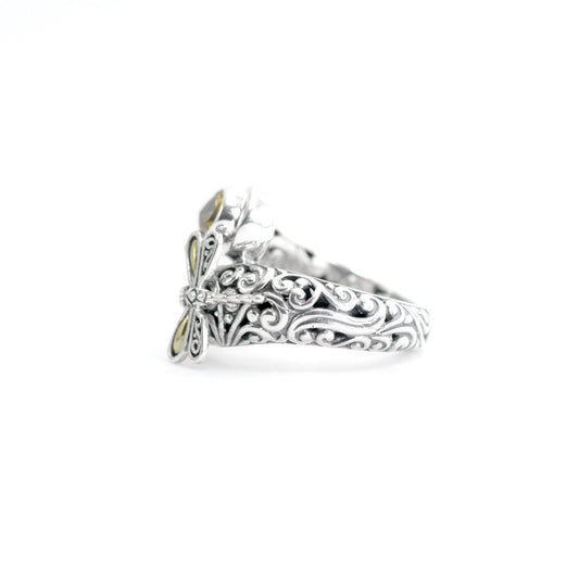 openwork filigree ring 925 sterling silver decorated with 18K gold dragonfly and genuine yellow citrine