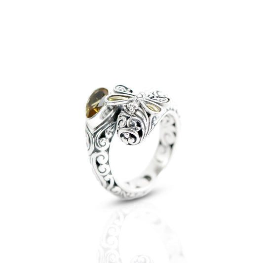 openwork filigree ring 925 sterling silver decorated with 18K gold dragonfly and genuine yellow citrine