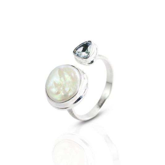 Bypass ring 925 sterling silver with genuine fresh water pearl biwa and natural blue topaz