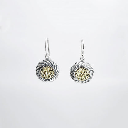 Cable rope earrings two tone 18K yellow gold on 925 sterling silver decorated with royal filigree art