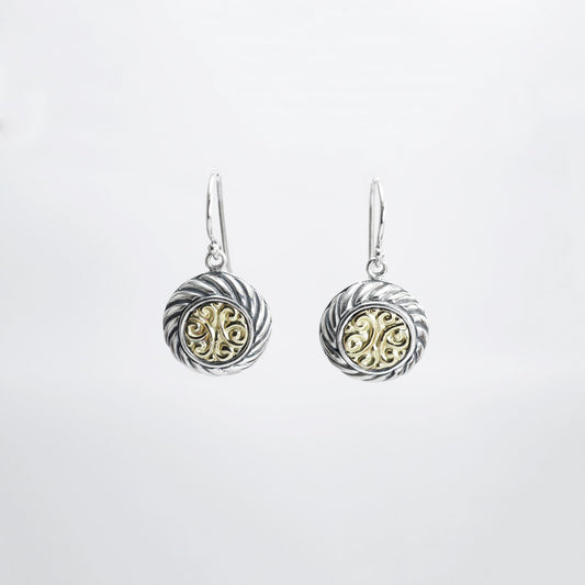 Cable rope earrings two tone 18K yellow gold on 925 sterling silver decorated with royal filigree art