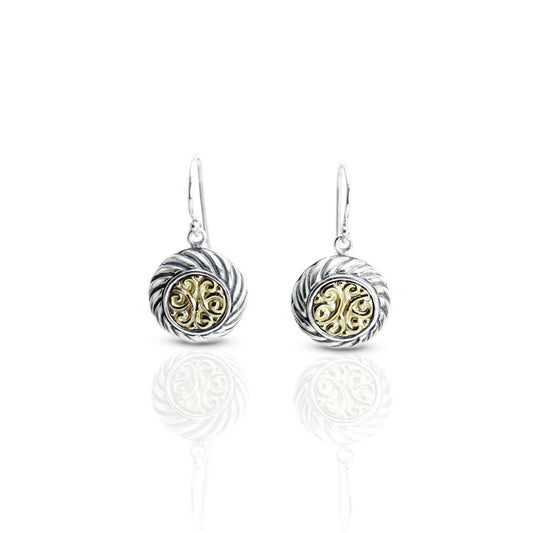Cable rope earrings two tone 18K yellow gold on 925 sterling silver decorated with royal filigree art