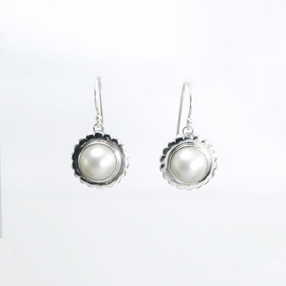 white mabe pearl dangle drop earrings set in handmade flower carving art 925 sterling silver