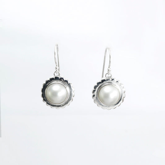 white mabe pearl dangle drop earrings set in handmade flower carving art 925 sterling silver