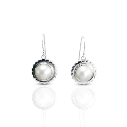 white mabe pearl dangle drop earrings set in handmade flower carving art 925 sterling silver
