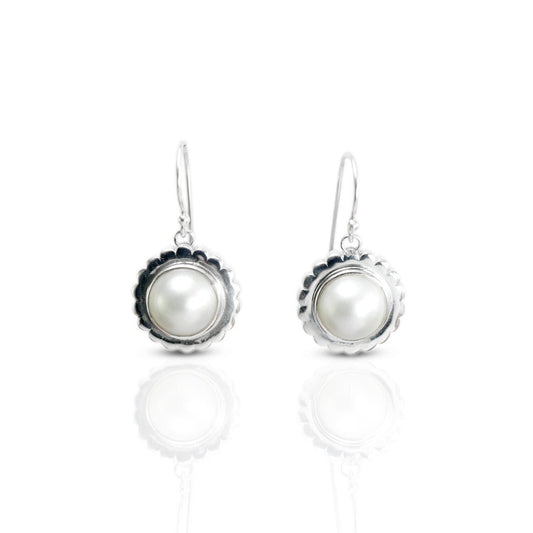 white mabe pearl dangle drop earrings set in handmade flower carving art 925 sterling silver