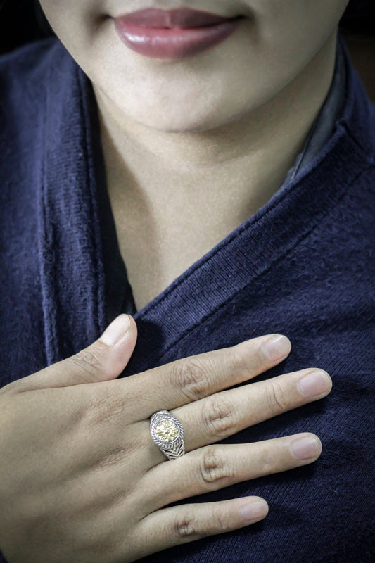 signet ring 925 sterling silver with 18K gold and open work filigree