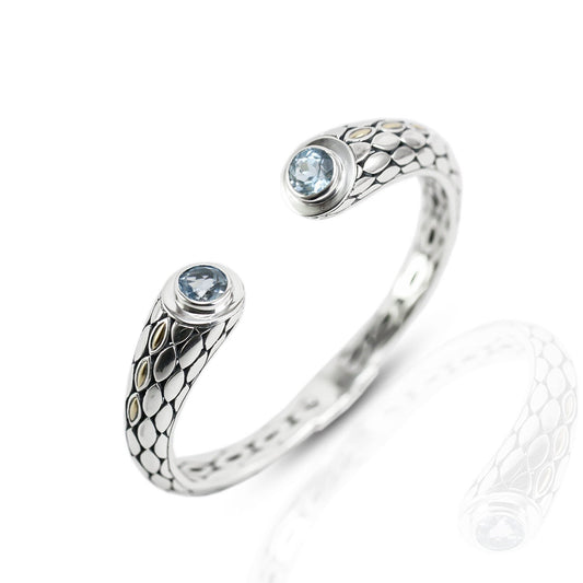 hinged bangle 925 sterling silver with genuine blue topaz decorated with 18K gold accent and snake skin pattern