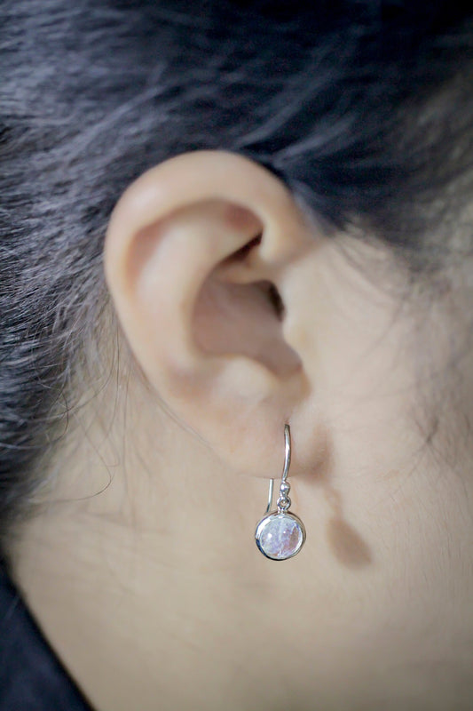 Round Moonstone earrings set in 925 sterling silver round dangle decorated with filigree edge