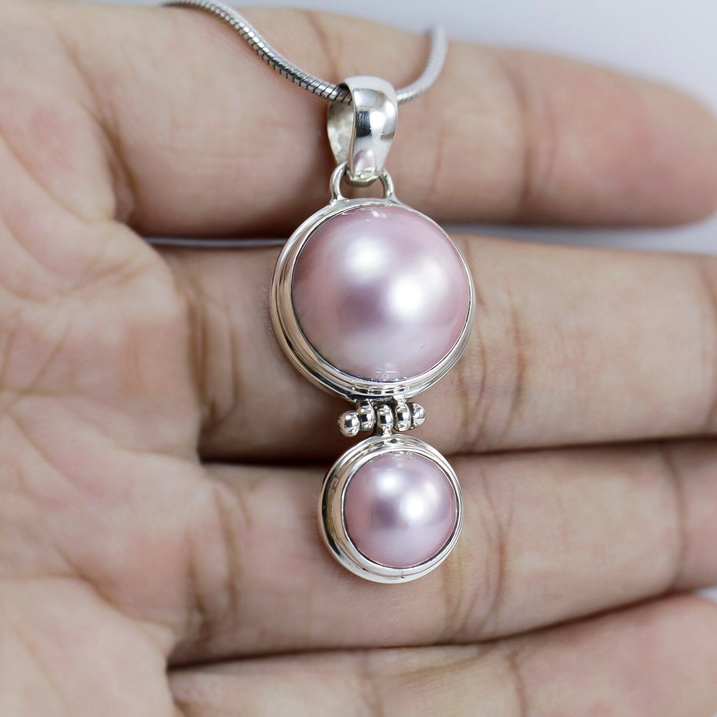 Pink mabe pearl pendant set in 925 sterling silver, sister pendant with pearl