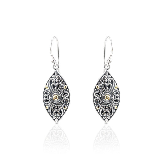 silver filigree earrings dangle decorated with Bali inspired ornament and 18 K gold accent 925 sterling silver
