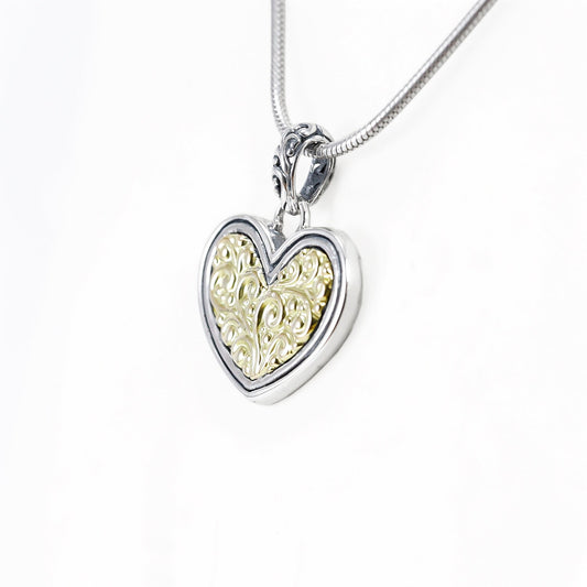 Heart shape pendant necklace in two tone ornament art with 18 K yellow gold and 925 sterling silver