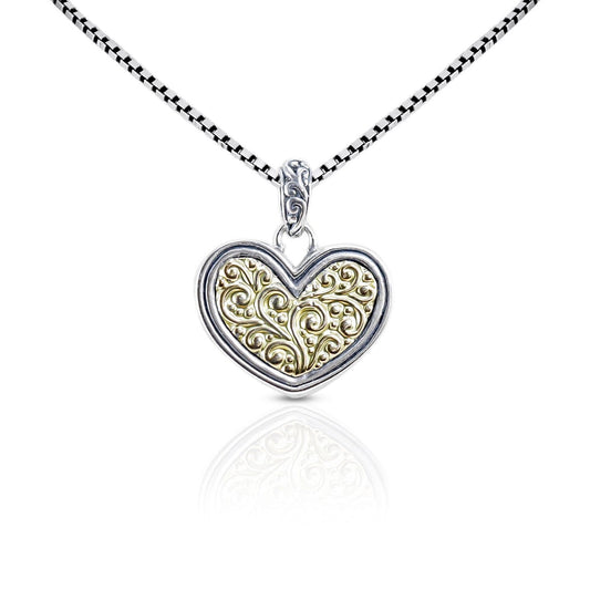 Heart shape pendant necklace in two tone ornament art with 18 K yellow gold and 925 sterling silver