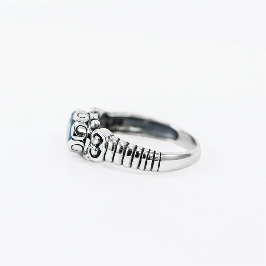 blue topaz ring 925 sterling silver decorated with cable style and open work filigree
