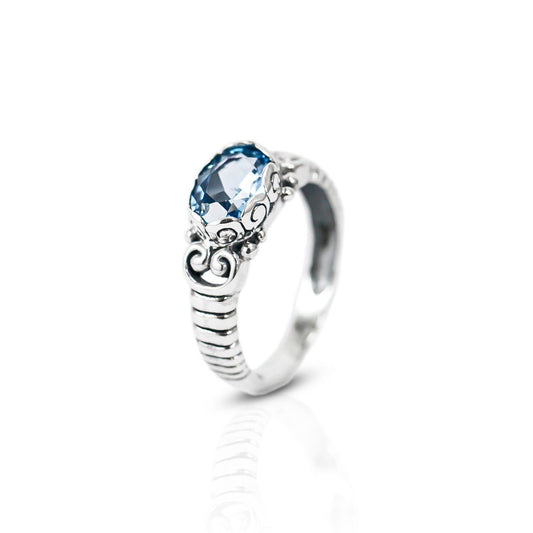 blue topaz ring 925 sterling silver decorated with cable style and open work filigree
