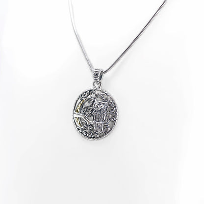 owl pendant 925 sterling silver decorated with nature panorama and half moon engraved  18 k gold accent