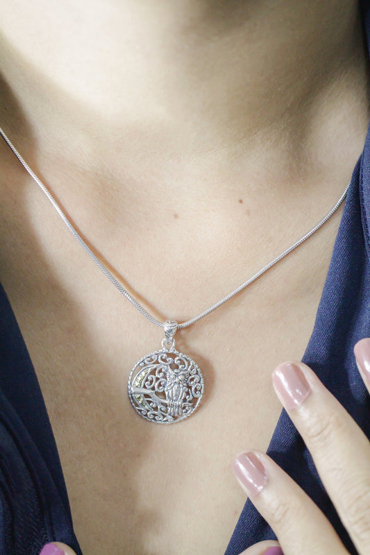 owl pendant 925 sterling silver decorated with nature panorama and half moon engraved  18 k gold accent