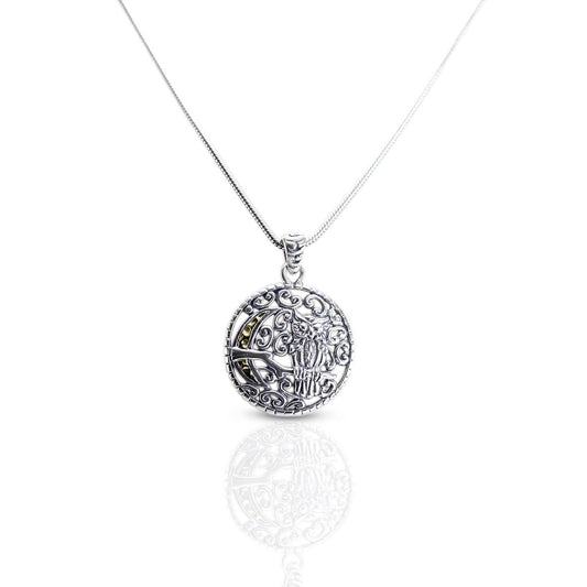 owl pendant 925 sterling silver decorated with nature panorama and half moon engraved  18 k gold accent