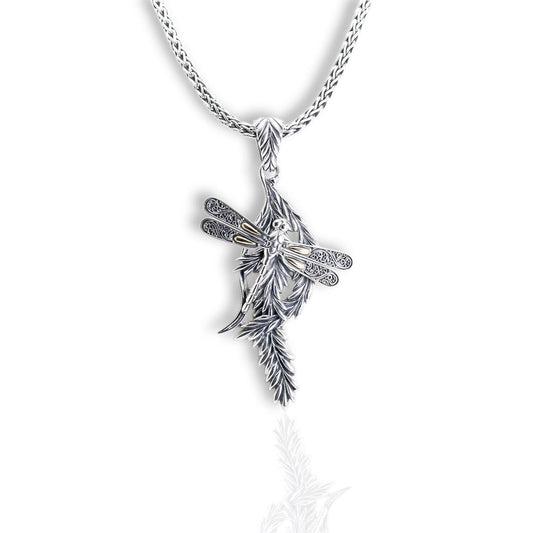 dragonfly pendant 925 sterling silver decorated with filigree and leaf pattern, nature art pendant