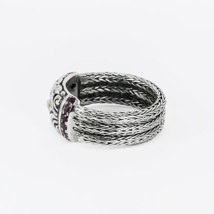 antique ring for women 925 sterling silver decorated with genuine rhodolite and 18K gold