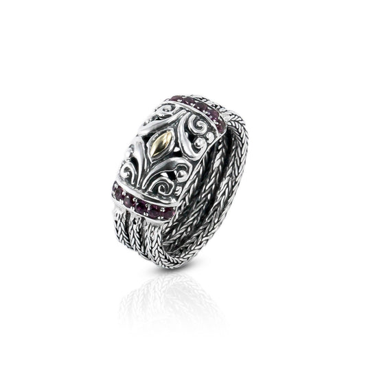 antique ring for women 925 sterling silver decorated with genuine rhodolite and 18K gold