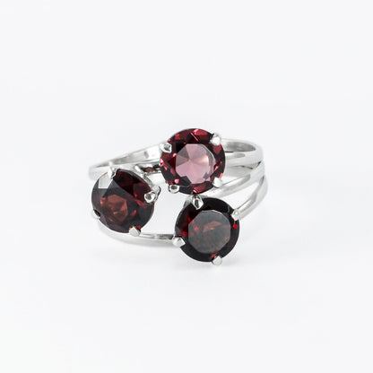 Red Garnet ring set in 925 sterling silver, three stones ring