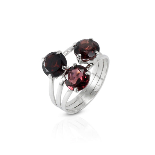 Red Garnet ring set in 925 sterling silver, three stones ring