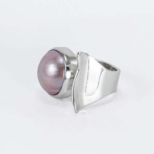 pink Mabe pearl ring set in 925 sterling silver handmade bezel adjustable size