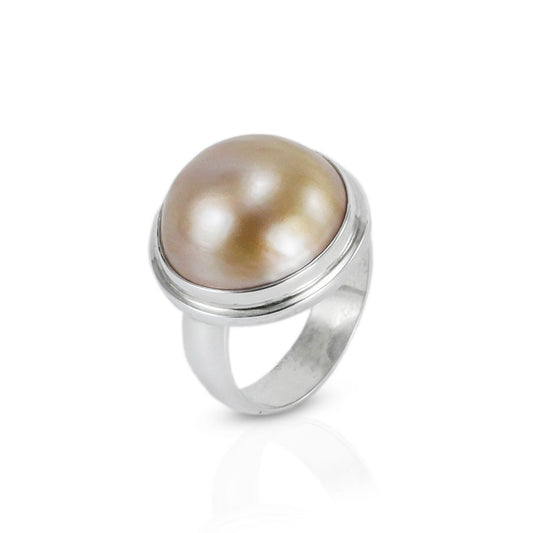 Golden mabe pearl ring 925 sterlig silver 16 mm round with double bezel set