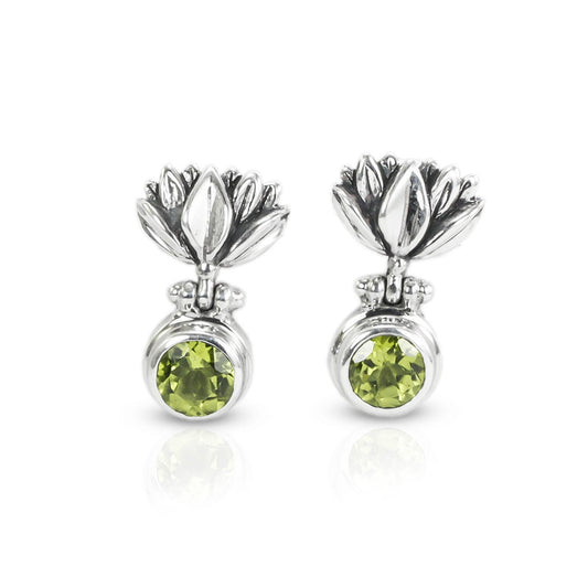 Peridot earrings Stud set in 925 sterling silver push back closure 6 mm round with Lotus Flower Carving Art