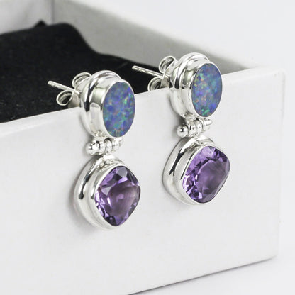 Opal Earrings stud 925 sterling silver with Natural Brazilian Amethyst