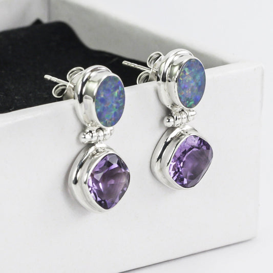 Opal Earrings stud 925 sterling silver with Natural Brazilian Amethyst