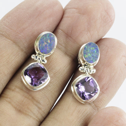 Opal Earrings stud 925 sterling silver with Natural Brazilian Amethyst