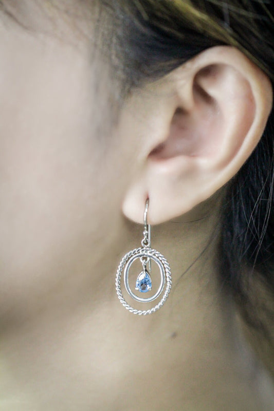 dangle drop earrings with blue topaz and cable rope oval shape 925 sterling silver