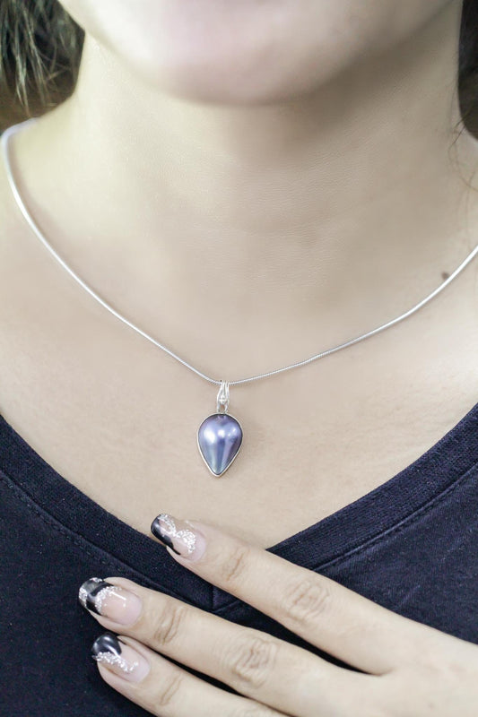 Blue mabe pearl pendant necklace set in 925 sterling silver, teardrop mabe pendant