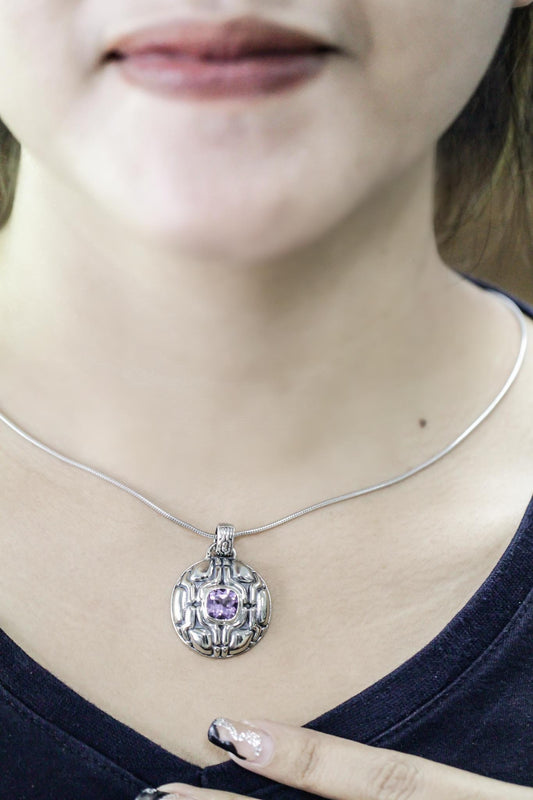 Amethyst pendant 925 sterling silver geometry ornament round shape