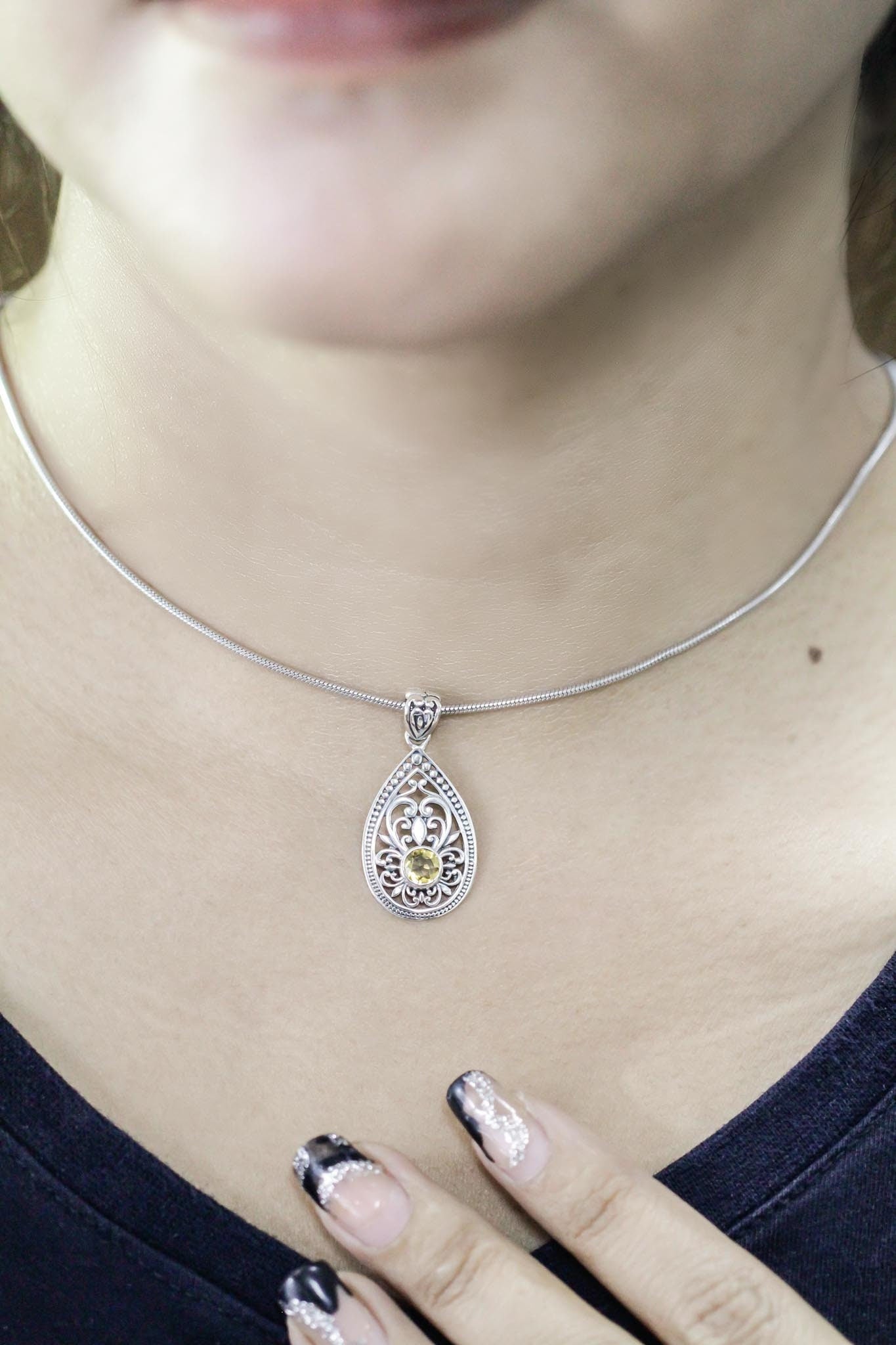 citrine pendant necklace 925 sterling silver with open work ornament-tear drop shape