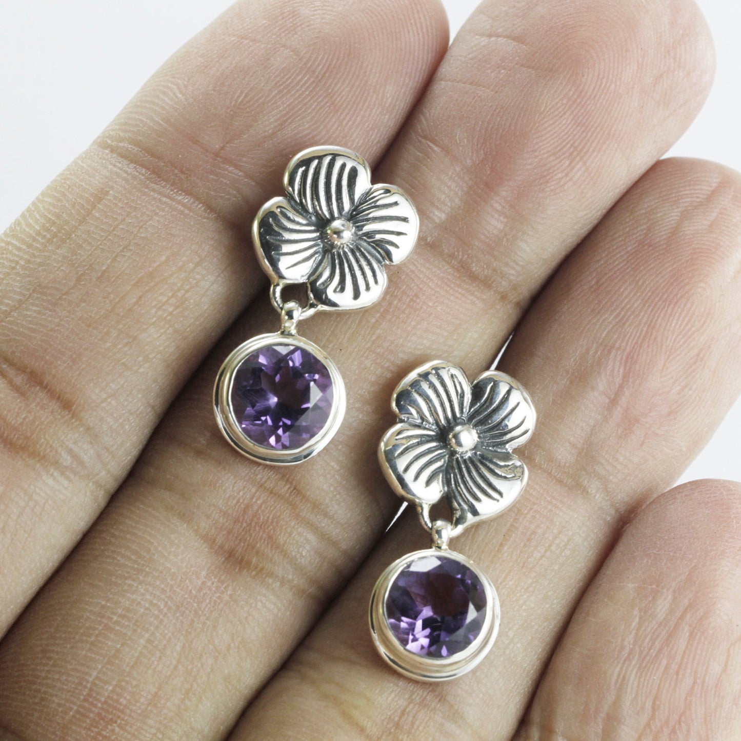 flower earrings studs dangle with genuine round 7 mm Amethyst