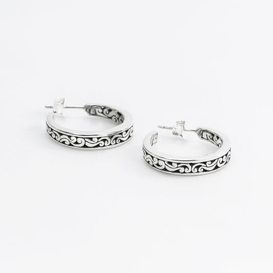 Hoop Earrings 925 sterling silver decorated with Swirl Filigree art and push back closure for women