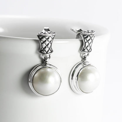 white mabe pearl earrings set in 925 Sterling silver dangle drop